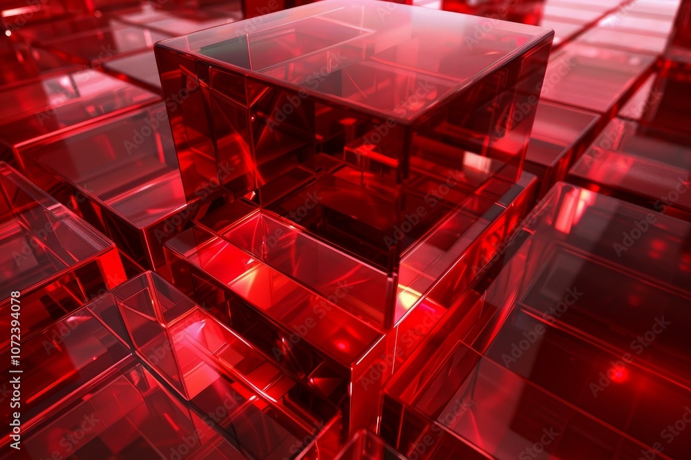 Poster abstract background featuring red glass cubes forming a layered structure, with a prominent cube pos