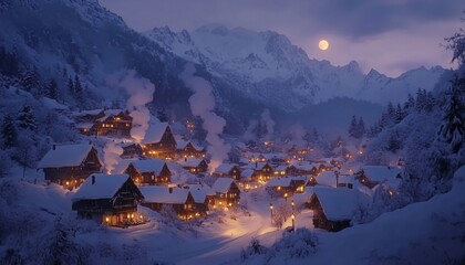 A cozy snow-covered village nestled in a mountain valley under a full moon.