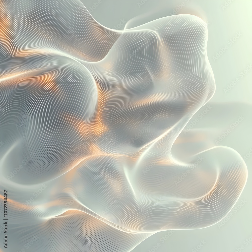 Poster an abstract composition featuring soft, flowing waves with delicate lines and a gradient of pastel c