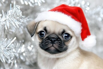 Adorable pug puppy wearing Santa hat amidst festive decorations