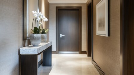 Modern hallway with elegant decor, featuring a door and decorative plants.
