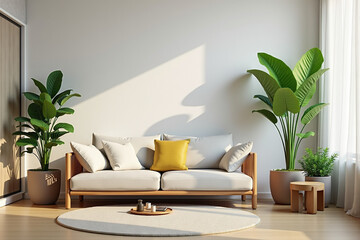 Minimalist Living Room with Potted Plants and Furniture
