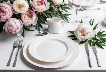A table setting with a white plate, silver cutlery, and a bouquet of pink peonies