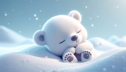 Baby polar bear cartoon sleeping peacefully on snowy ground
