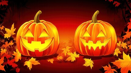 Naklejka premium Glowing jack-o'-lanterns in autumn ambiance