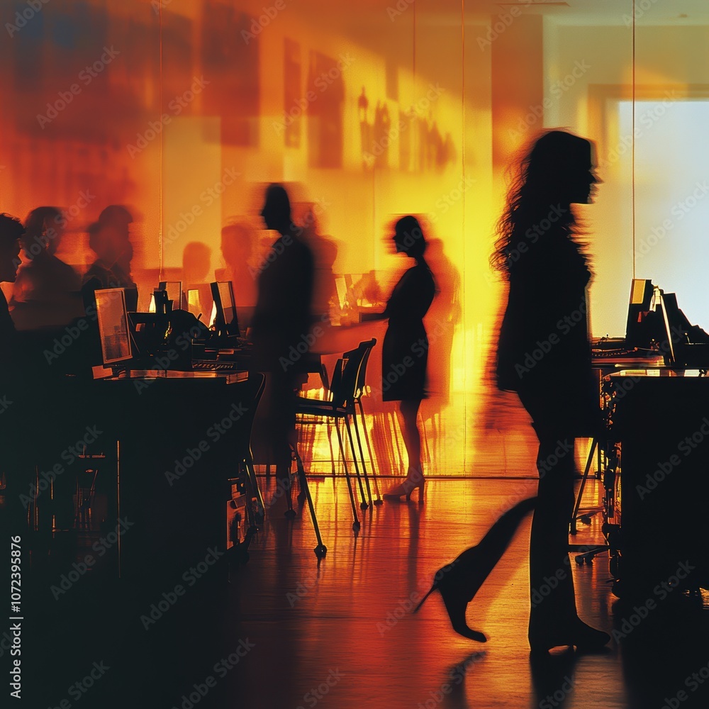 Poster silhouetted figures in a vibrant office space, creating a dynamic work atmosphere.