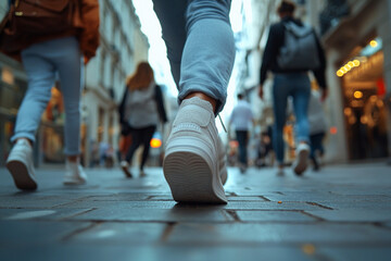 Fototapeta premium People walking in a busy city street wearing casual footwear