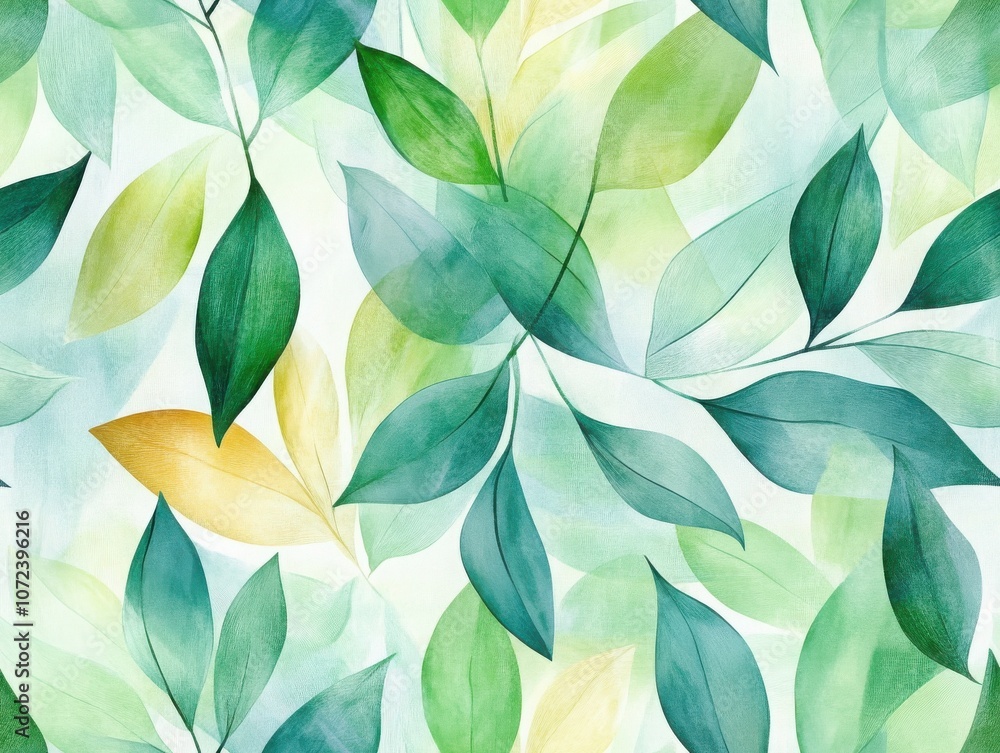 Poster a vibrant watercolor pattern featuring various green leaves intertwined with subtle hints of yellow,