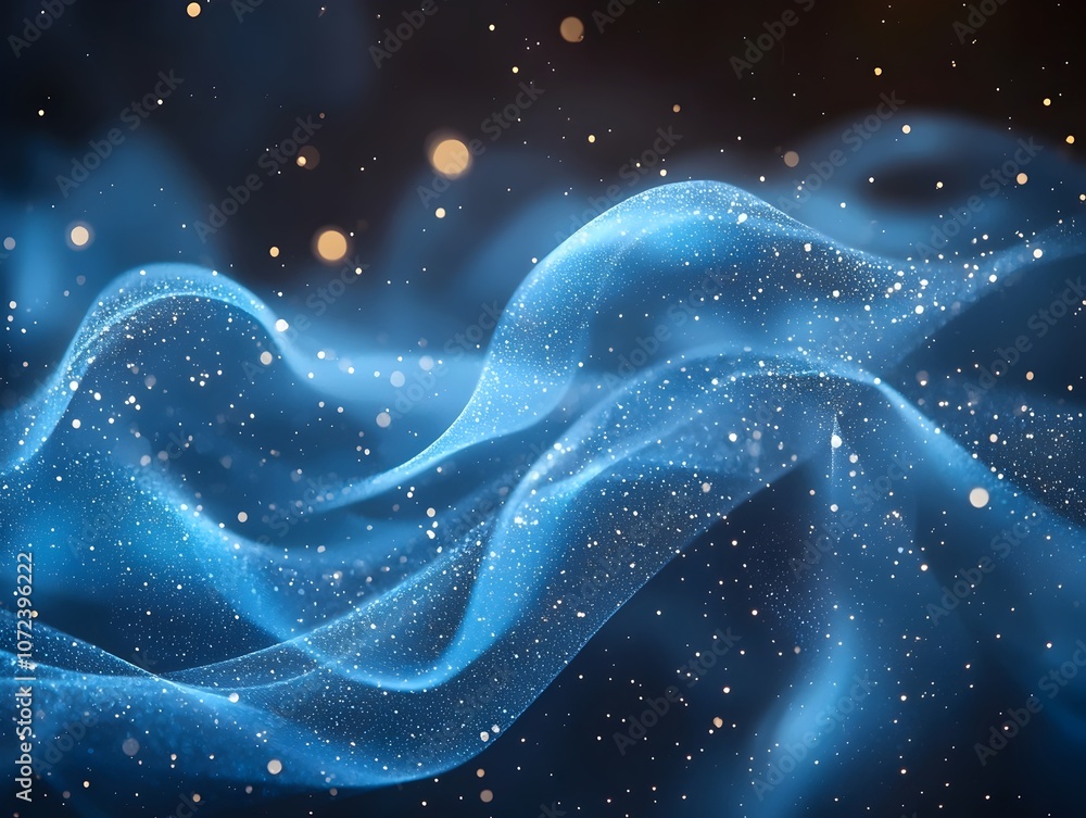 Poster a mesmerizing abstract image of flowing blue waves with a soft, ethereal glow, illuminated by shimme