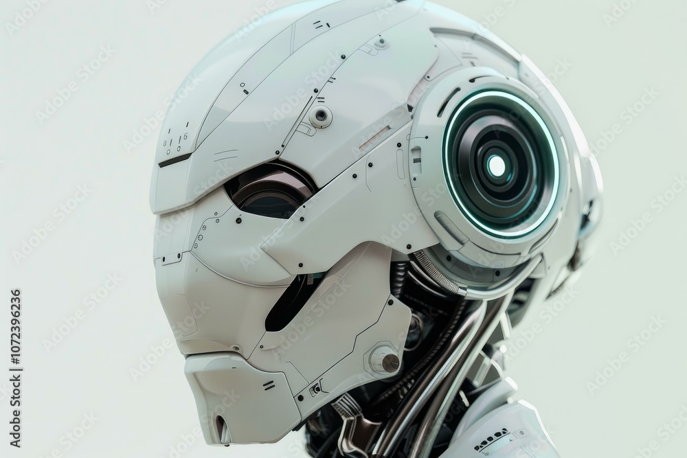 Poster white robot head showcasing advanced ai technology, futuristic design, and innovation in robotics
