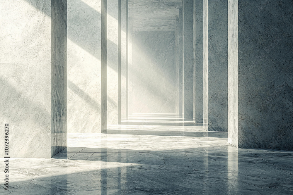 Aufkleber light filtering through marble columns in a modern corridor