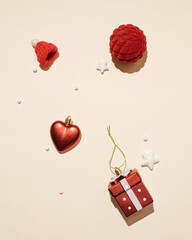 Christmas gifts, clothes, ornaments, Winter holidays background.