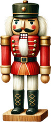 A colorful wooden nutcracker figurine with a red uniform, white beard, and a tall hat, embodying a classic holiday decoration.