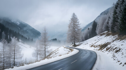 Fototapeta premium A winding road through a snowy landscape surrounded by misty mountains on a chilly winter day