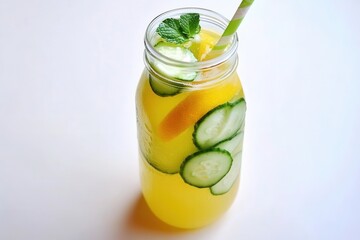 Refreshing cucumber lemonade in glass jar with mint