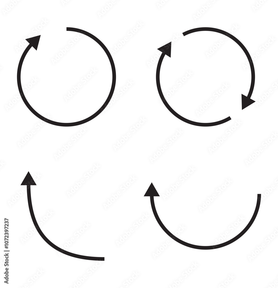 Poster set of circle arrows rotating on white background. refresh, reload, recycle arrow collection. black 