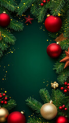 luxury dark green christmas background with branches and balls