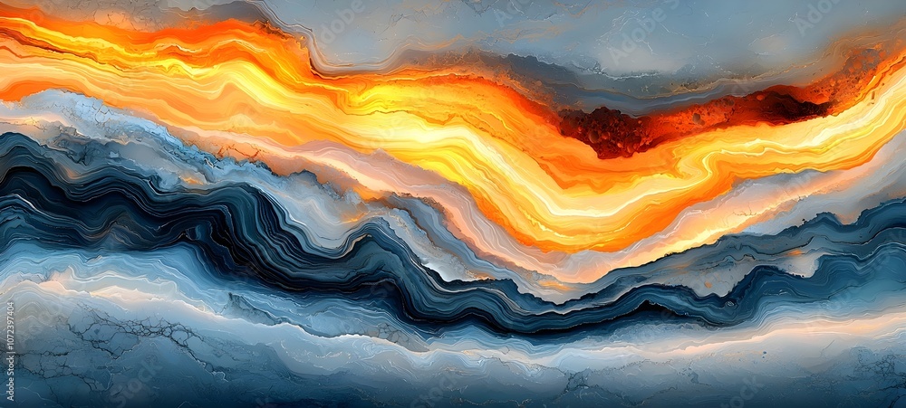 Poster a vibrant abstract design featuring bold orange and fiery red waves flowing through cool blue and gr