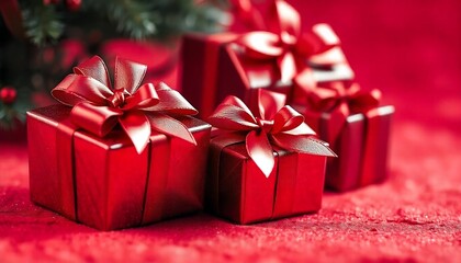 Obraz premium A red gift boxes and ribbons against a red background , Christmas concept, created with generative ai