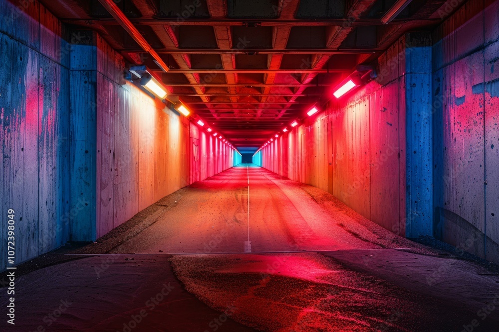 Poster empty tunnel is glowing with vibrant neon lights, creating a colorful and futuristic atmosphere at n