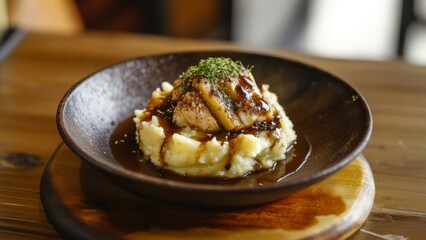 A rustic plate of creamy mashed potatoes topped with a drizzle of savory gravy