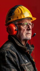 Fototapeta premium Senior Male Plant Operator Portrait with Protective Gear Against Red Background for Industrial Design