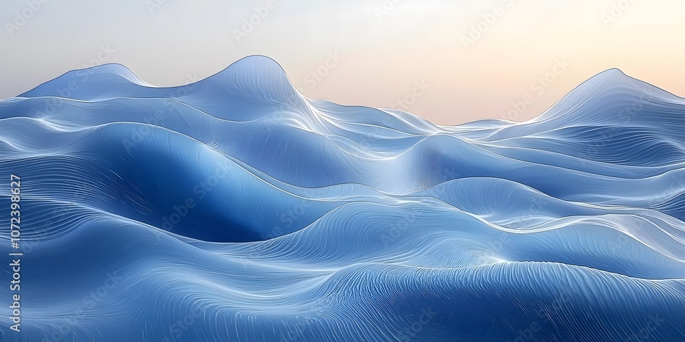 Poster a serene landscape of flowing waves in varying shades of blue, creating a tranquil atmosphere. the g