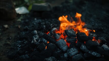 Glowing embers flames in charcoal fire pit at dusk