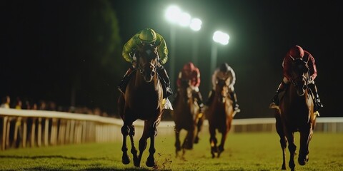 Horses race under bright lights at night.