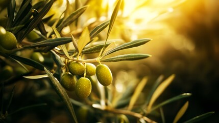 green olives hanging on olive tree, close up photo - Powered by Adobe