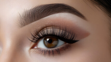 Obraz premium Close-up of an elegantly made-up eye featuring dramatic lashes and expertly shaped brows for a glamorous look