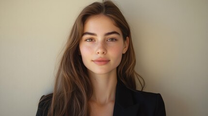 Obraz premium Natural Beauty Portrait of a Young Woman with Freckles and Long Hair