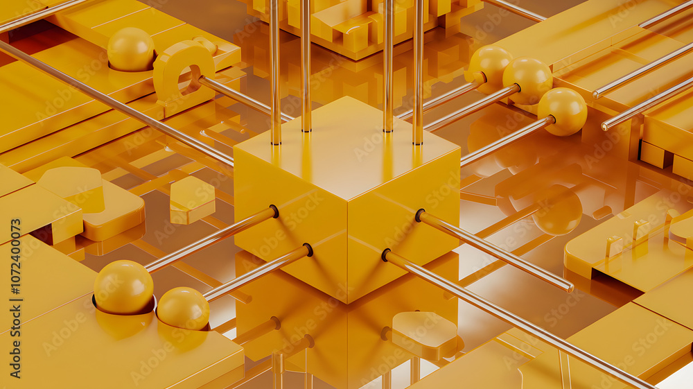 Poster abstract composition featuring geometric shapes and metallic elements in vibrant orange tones with r