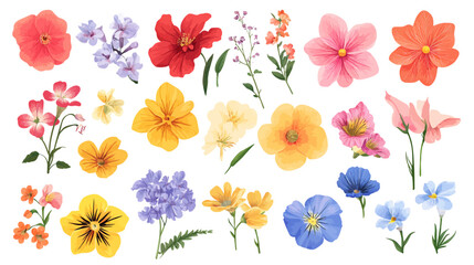Collection of flowers in various colors. Some are yellow, some are pink, and some are purple. Flat vector illustration isolated.