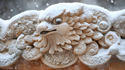 Intricately Frosted Stone Carvings at the Entrance of a Historic Landmark, Merging Art and Nature in a Visual Masterpiece