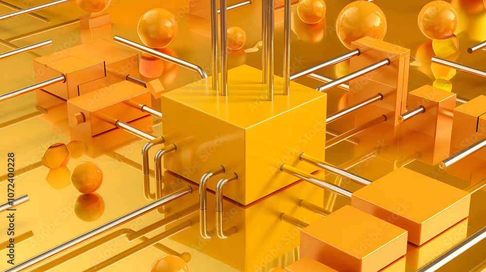 Poster a vibrant display of abstract geometric shapes and metallic structures in yellow tones showcasing in