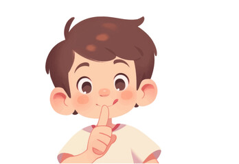 Young boy with brown hair and a white shirt is looking at the camera. Flat vector illustration isolated.
