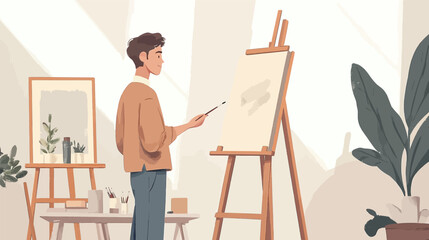 Man is painting a picture. He is using a brush and is standing in front of a canvas. Flat vector illustration isolated.