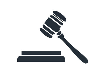 Black and white drawing of a gavel and a wooden box. The gavel is placed on top of the box. Flat vector illustration isolated.