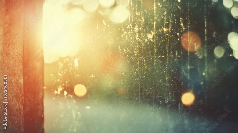 Poster abstract blurred bokeh background with warm sunlight and scratched texture
