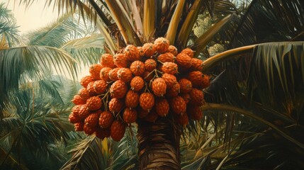 Fototapeta premium A close-up view of an oil palm tree with clusters of ripe, red-orange fruit bunches hanging from the trunk, glistening in the sunlight.