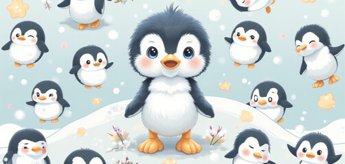 Fototapeta premium Seamless pattern of cartoon penguins with playful expressions on a blue background