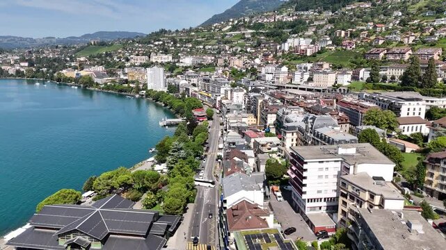 Drone shot of Montreux city, Switzerland