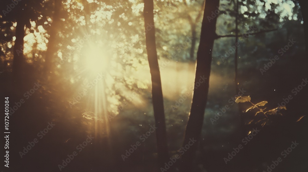 Aufkleber sunbeams through forest trees with bokeh effect