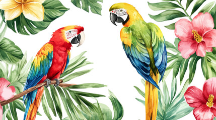 Obraz premium Two parrots are perched on a branch in a tropical forest. One is green and the other is red. Flat vector illustration isolated.