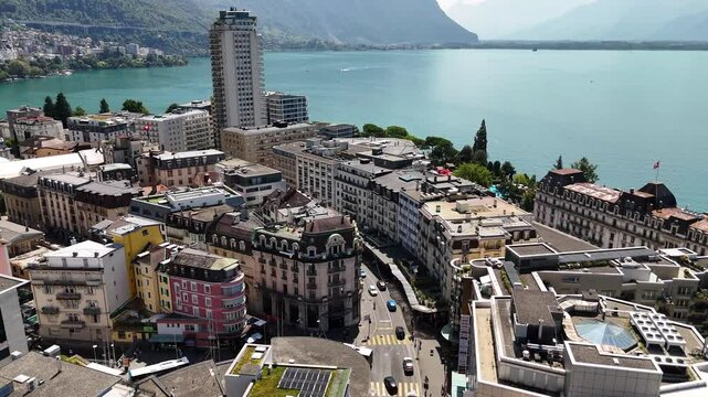 Aerial view of Montreux city by Lake Geneva, Switzerland