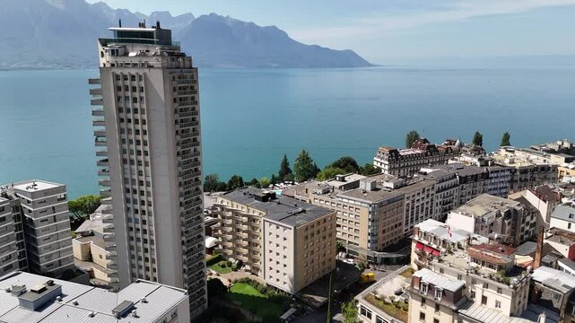 Aerial view of Montreux city and Lake Geneva, Switzerland
