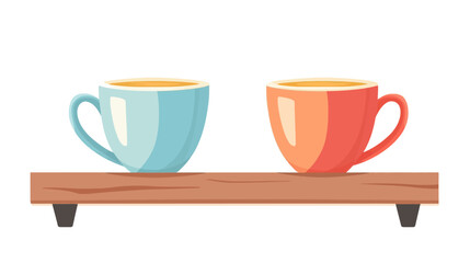 Obraz premium Two cups on a wooden shelf. One is blue and the other is red. The blue cup is on the left. Flat vector illustration isolated.