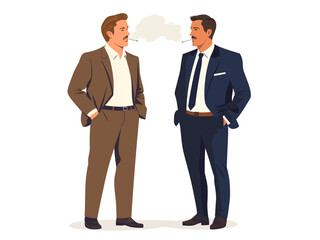 Two men in suits are standing next to each other. One of them is smoking. Flat vector illustration isolated.