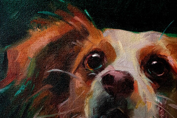 Primo piano artistico di un dipinto a olio raffigurante il muso di un cane con grandi occhi scuri espressivi e pennellate dinamiche su sfondo scuro © Ilarialapreziosa